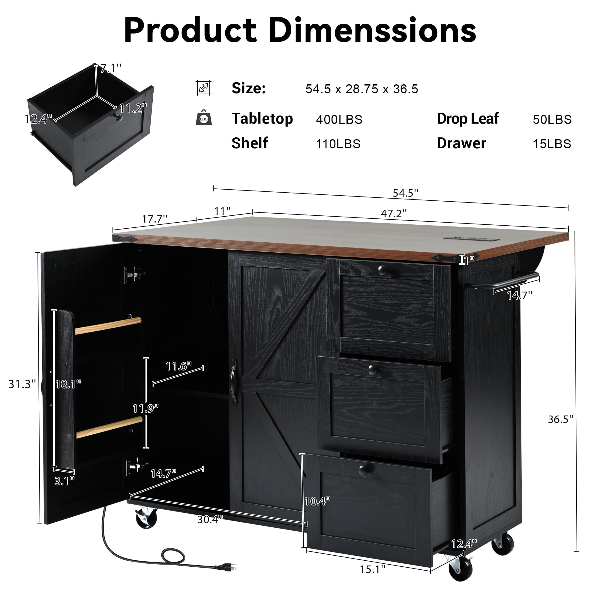 54.5-Inch Farmhouse Kitchen Island with Power Outlet and Drop Leaf, Rolling Kitchen Cart with Internal Storage Rack and 3 Drawers for Kitchen, Black