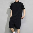 thumbnail image 2 of USNSM Men's Plus Size Linen T-Shirt&Shorts 2 PC Sets Stand Neck Half Button Short Sleeve Pullover Shirt & Lace-Up Elastic Waist Short Pants Homewear Suits Casual Beach Outfits Black M, 2 of 9