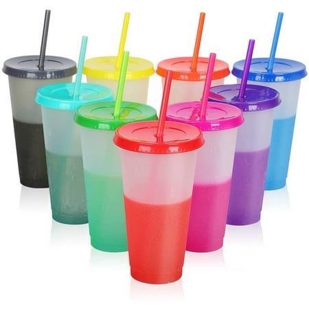 

Nogis Color Changing Cups with Straws & Lids: 24oz Kids Cold Water Drinking Cups 9 Pcs Reusable Plastic Tumbler Bulk