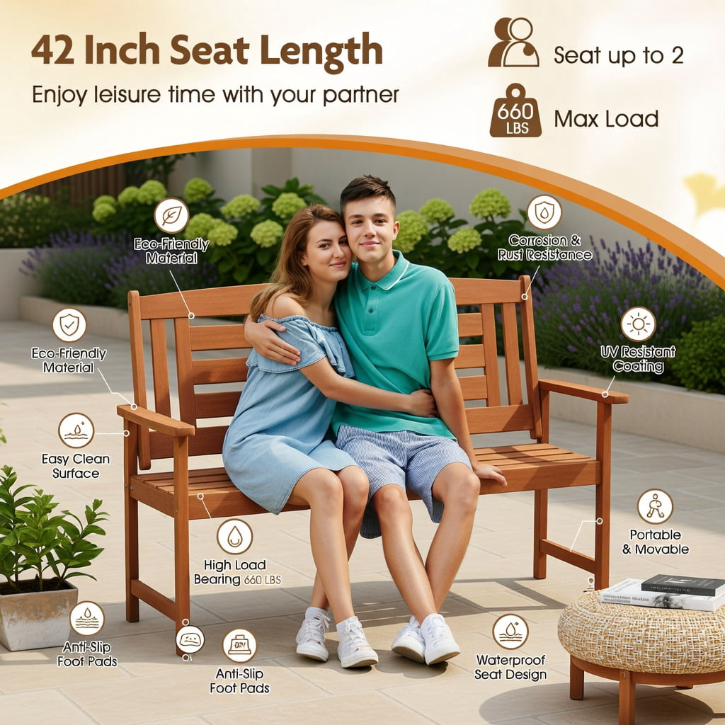 Hommoo Teak Outdoor Solid Wood Loveseat Bench, 2-Seat Patio Bench with Ergonomic 108° Backrest, Slatted Seat & Reinforced Crossbar for Garden, Balcony & Deck, Natural