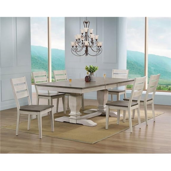 Iconic Furniture RT82-TR-CH64ASHSTW7 42 x 64 x 82 in. Double Pedestal Transitional Ladder Back Side Chair Dining Set with Ash & Stormy Finish -7 Piece