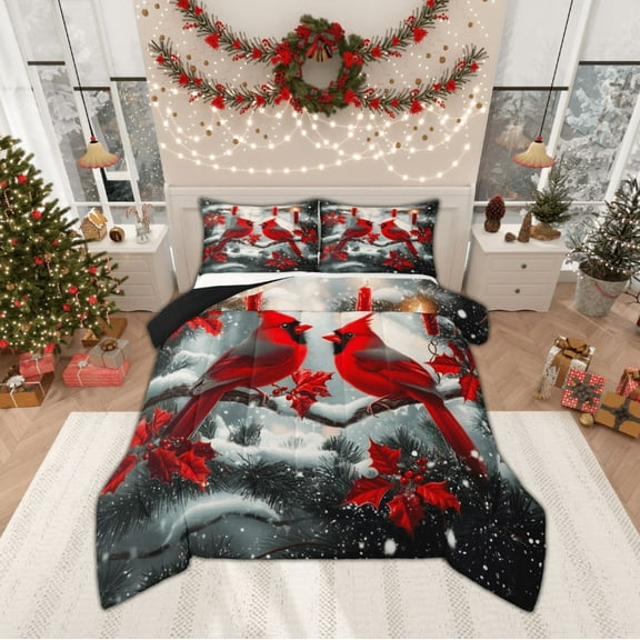 Manfei Red Cardinal Bird Bedding Comforter Set,Merry Christmas Twin Comforter Sets,Xmas Berry Leaves Bedding Set For Girl Teens,Breathable Home Decor Reversible,2 Pieces
