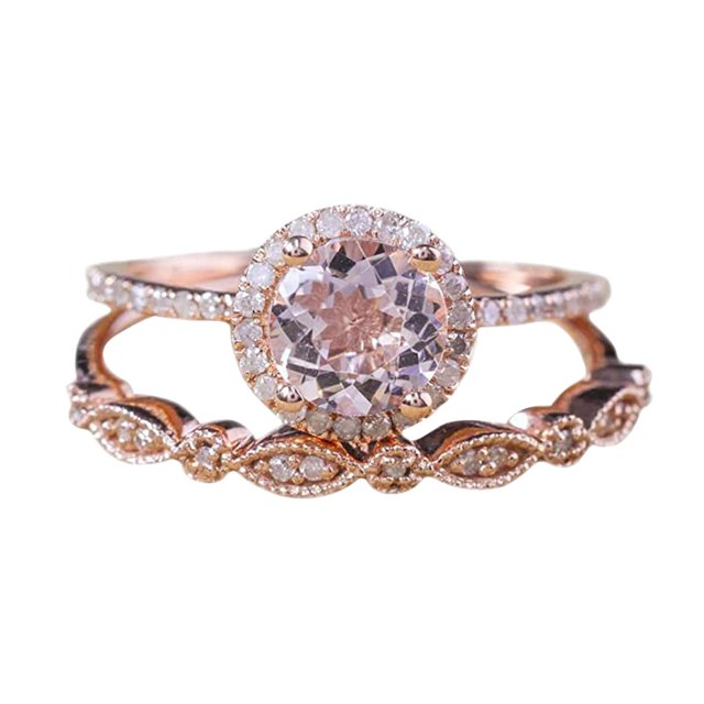 Moda Elegante Mujeres Relleno de Oro Rosa Morganite Pink Gemstone Boda Anillo de Novia Set