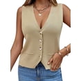 thumbnail image 3 of Saodimallsu Suéter sin mangas para mujer, chaleco de punto con cuello en V, botón de moda, casual, suelto, primavera, verano, chaleco, 3 of 5