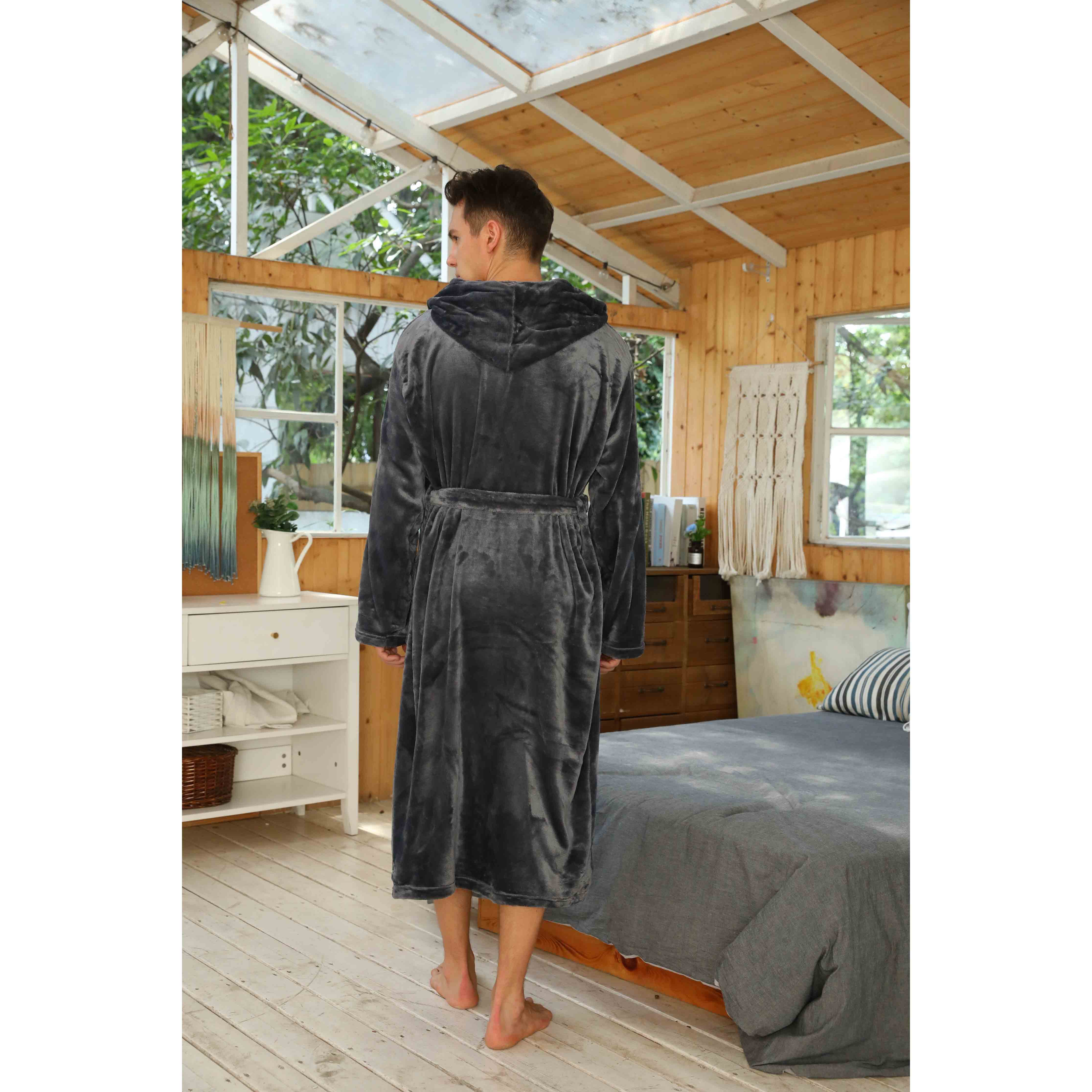 Mens Hooded Robe, Plush Soft Warm Mid Length Fleece Bathrobe for Men (Dark Grey Hooded,L-XL)