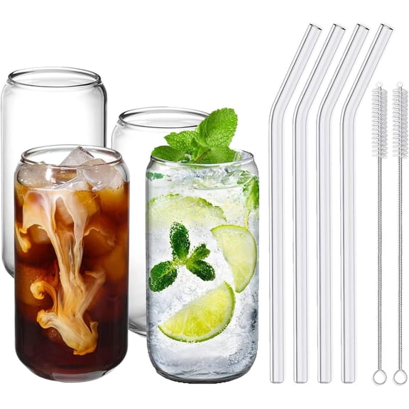 4 Pcs Glass Cups with Lids and Straws, Cleaning Brushes Reusable Clear Drinking Glass Set for Water Juice Coffee Tea Home Use