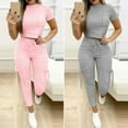 thumbnail image 3 of sunsanly 2Pcs/Set O-neck Short Sleeve High Waist Pockets Sports Outfit Solid Color Crop Top Drawstring Pants Matching Set, 3 of 8