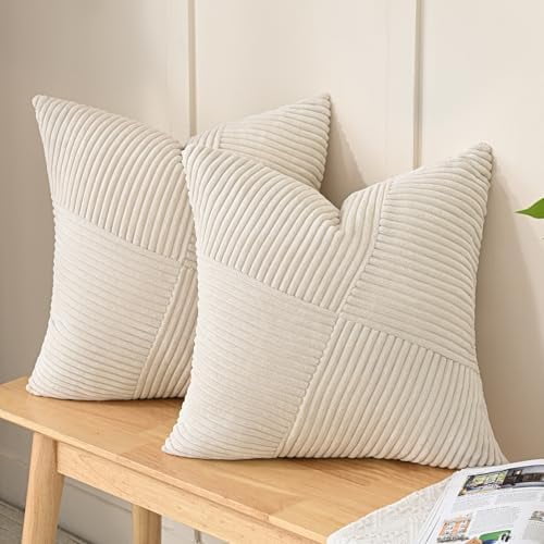 Neutral Cream White Decorative Throw Pillow Covers 18x18 Inch Set of 2, Soft Corduroy Striped Patchwork Windmill Textured Cushion Cases for Couch Sofa Bed, Christmas Boho Home Decor