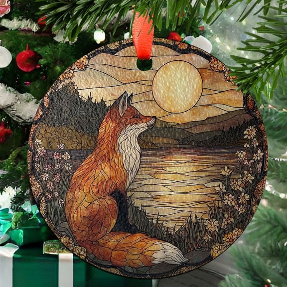 Forest Fox Painted Stained Glass Suncatcher, Window Hanging Decor, Home Decor, Sunset Lover Gifts, Indoor Decor, Stained Glass Ornament 2025, Holiday Decoration, Seasonal Keepsake