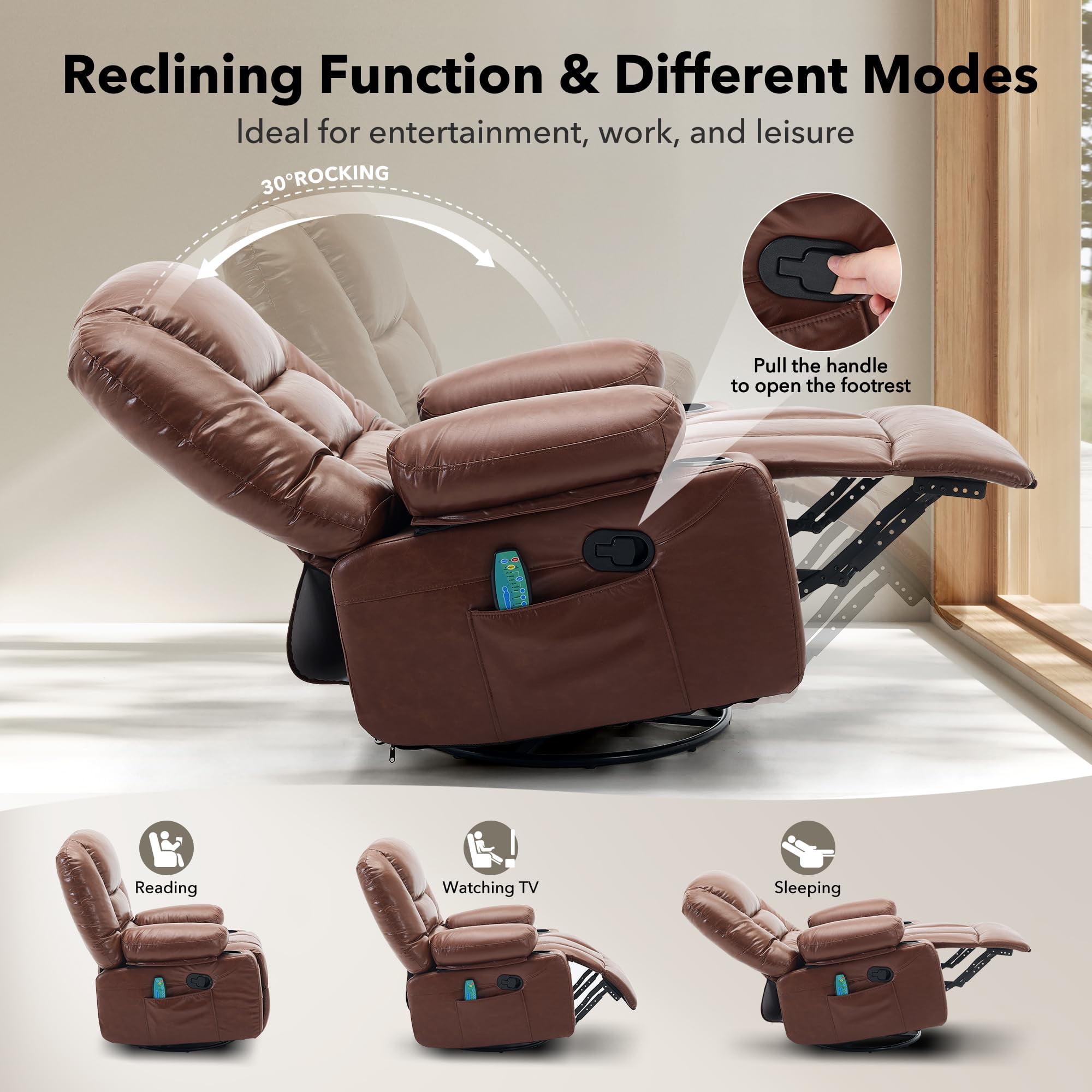 Oversized 360° Swivel Recliner Chair for Adults - Rocker Glider with Vibration Massage & Heat - Extra Wide, Overstuffed Lounge Sofa, Manual Recline, Cup Holders & Side Pockets