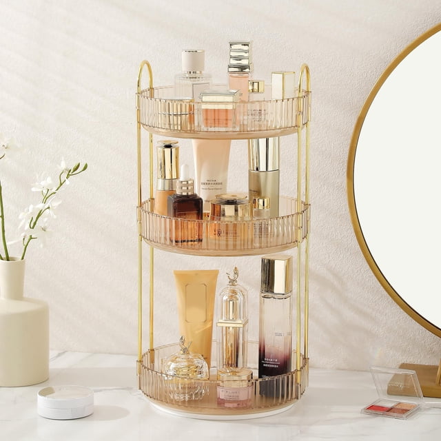 Organizador de maquillaje Aveniee giratorio de 3 niveles para Vanity Gold