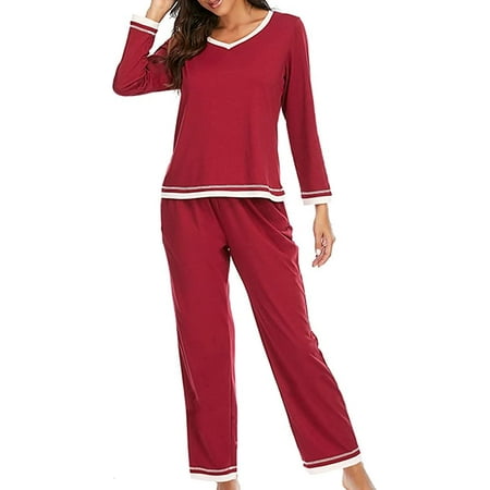 

DanceeMangoo Women Clasic Pajama Set Long Sleeve Pullover Sleepwear Two-Piece V-Neck Nightwear Warm Soft Comfy Pjs Indoor Wear
