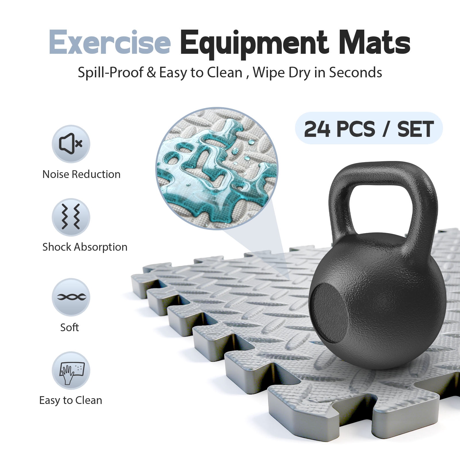 Puzzle Exercise Mat ½ in, EVA Interlocking Foam Floor Tiles for Home Gym, Mat for Home Workout Equipment, Floor Padding for Kidds, Grey, 20 in x 20 in x ½ in, 64 Sq Ft- 24 Tiles