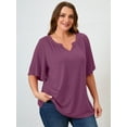thumbnail image 3 of SHOWMALL Women's Plus Szie Tops V Neck Loose Fit Short Sleeve Purple 3X Casual Blouse for Summer Relaxed Style Shirts Everyday Wear Outfit, 3 of 6