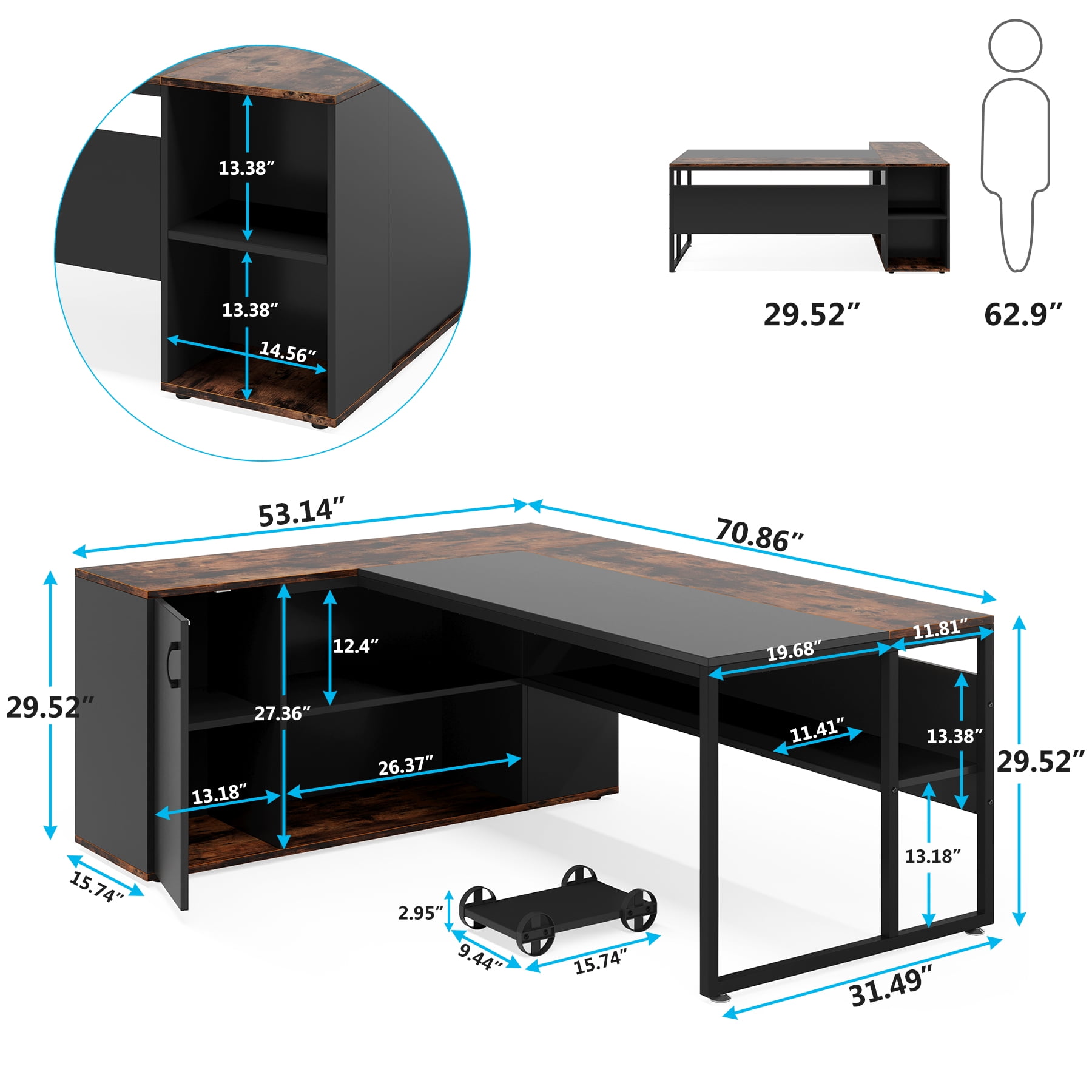 Tribesigns 71 inch L Shaped Executive Desk with Cabinet Storage, Rustic Brown Business Furniture Desk Workstation with Shelves for Home Office