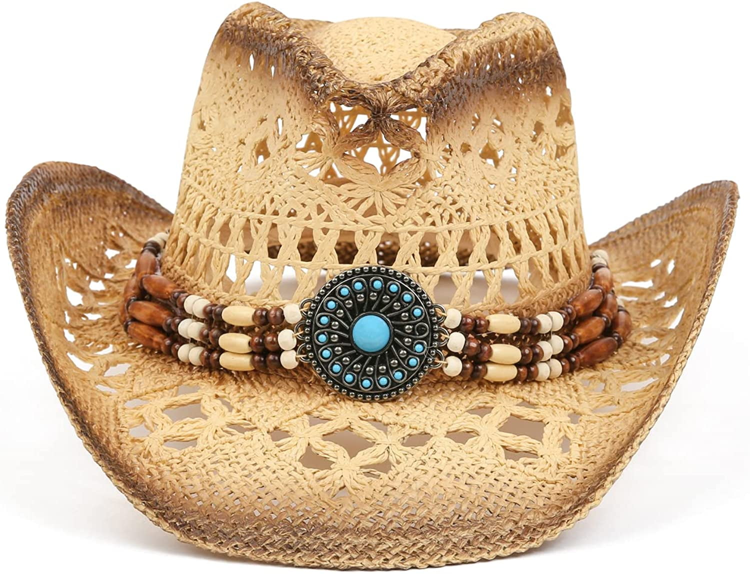6141 Men & Women\'s Woven Straw Cowboy Hat W/hat Band Décor, Round Bead Straw Cowboy Hat for Women and Men with Shape-It Brim  main image 4