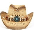 thumbnail image 3 of Straw Cowboy Hat for Women and Men with Shape-It Brim, Western Cowboy Hat, Turquoise/Beads - Tea Stain, 3 of 7