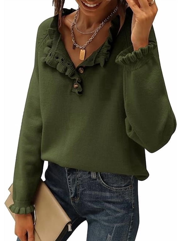 Womens Sweaters Fall Winter Clothes Long Sleeve Button Down Ruffle Crew Neck Casual Knitted Pullover Tops