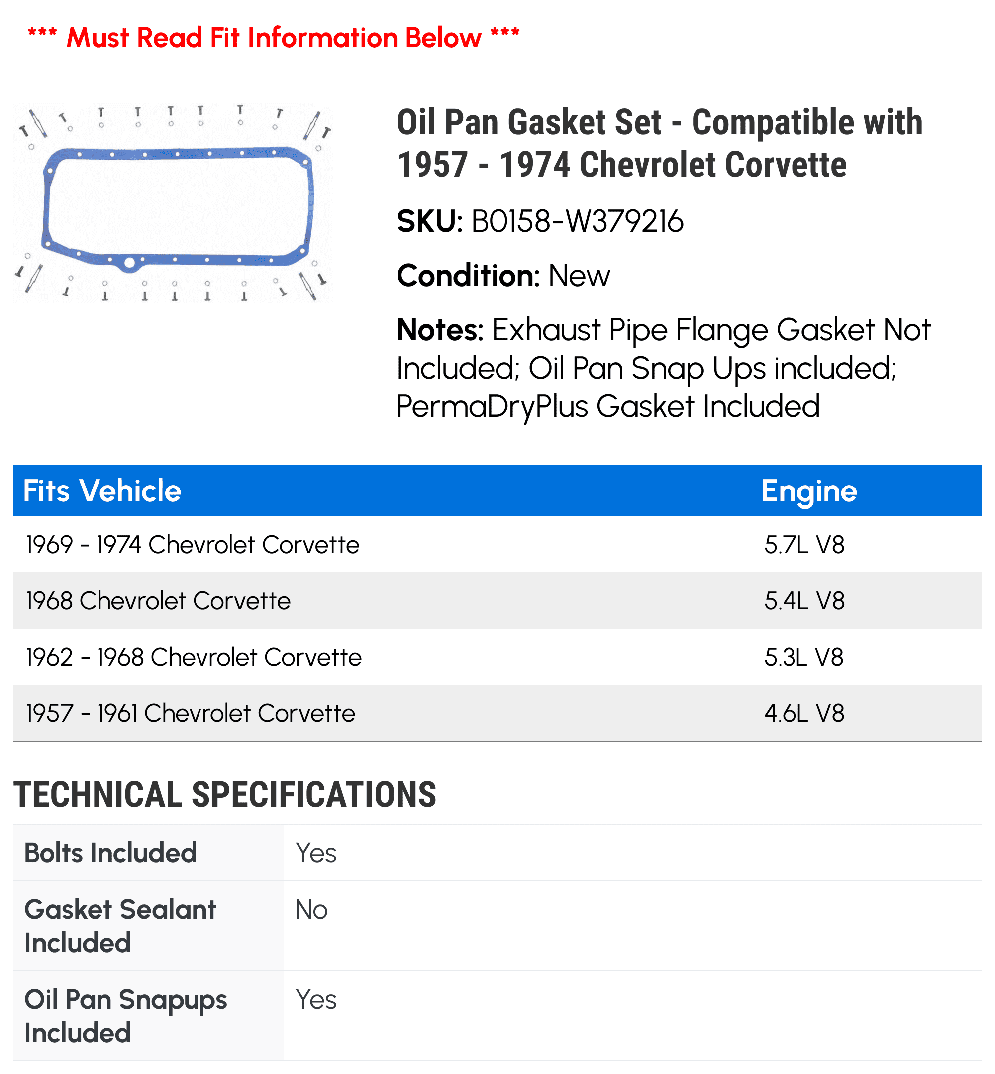 Oil Pan Gasket Set - Compatible with 1957 - 1974 Chevy Corvette 1958 1959 1960 1961 1962 1963 1964 1965 1966 1967 1968 1969 1970 1971 1972 1973