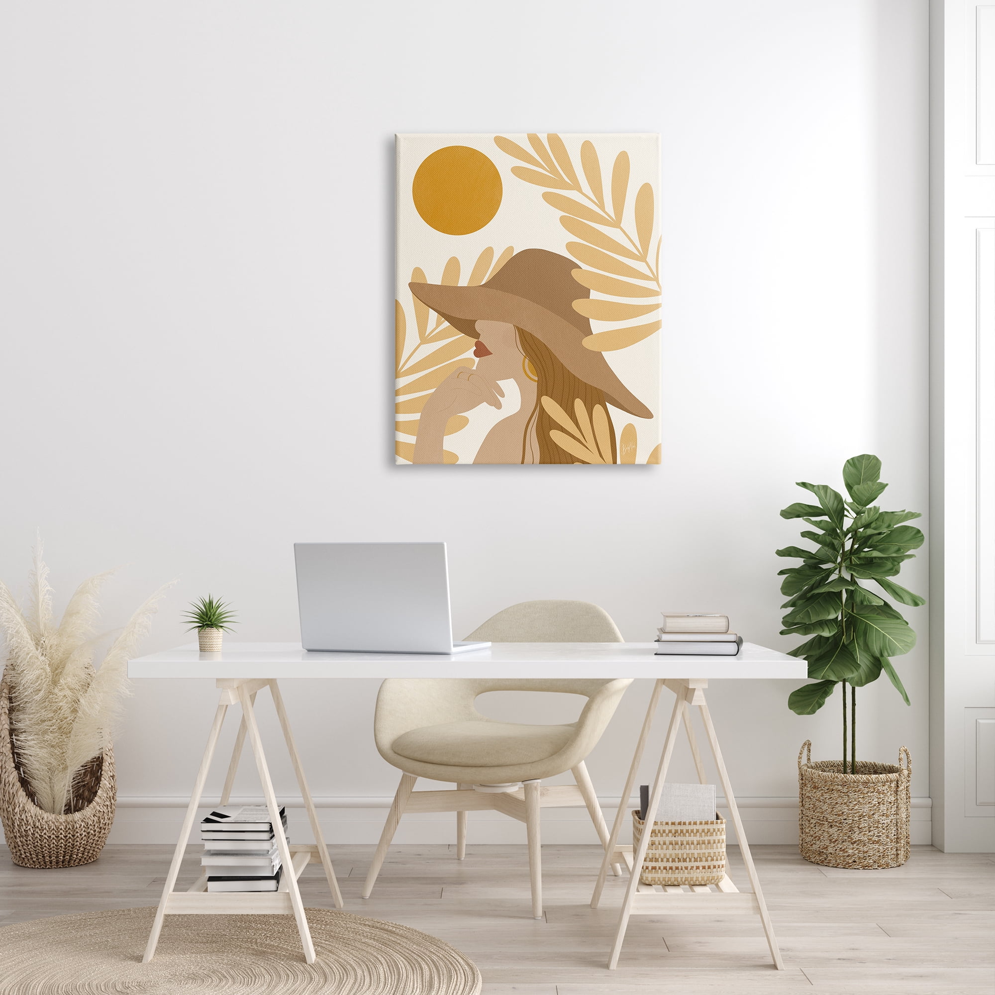 Stupell Industries Woman in Hat Warm Yellow Cutout Leaf Shapes Graphic Art Gallery Wrapped Canvas Print Wall Art, Design by Birch&Ink