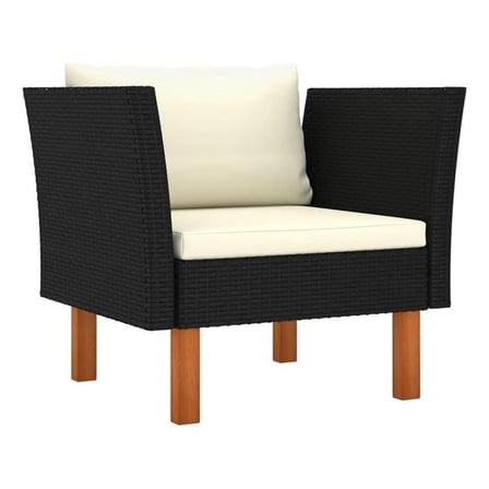 Outdoor Sofa Chair- Black Rattan- Ivory Cushions- Brown Wood 29 Inch