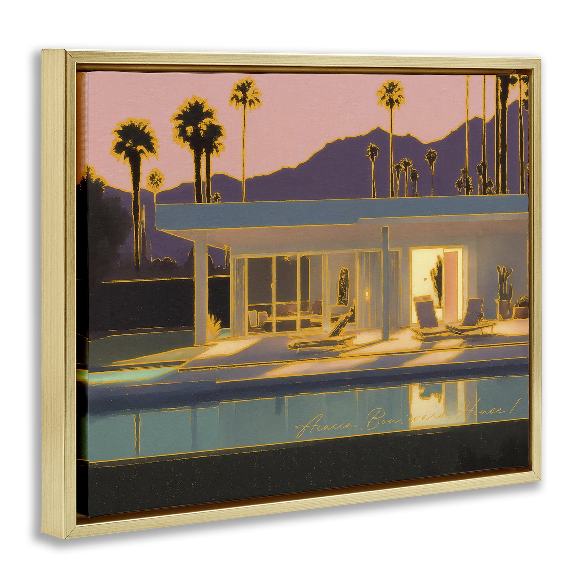 Stupell Industries Sunset Glow Summer Pool Landscape & Nature Painting Gold Floater Framed Canvas Art Print Wall Art, 21 x 17