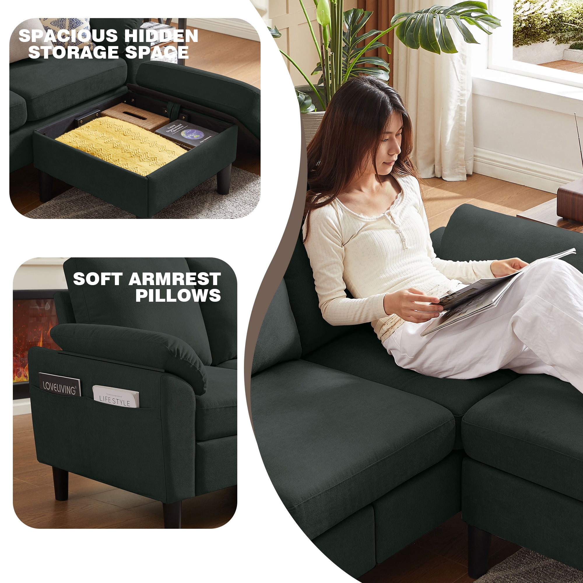 Pingliang Home Sectional Sofa Couch with Storage Ottoman and Loveseat,Modern 5 Seater Sofa Couch Set,L Shaped Couch with Footstool for Living Room Apartment Studio Office,Black