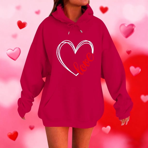 RKSTN Valentine Gift Woem's Valentines Heart Print Hoodies Plus Size Drawstring Hooded Sweatshirt Top Womens Casual Solid Overszied Graphic Printed Loose Comfy Hood Fall Spring Clothes