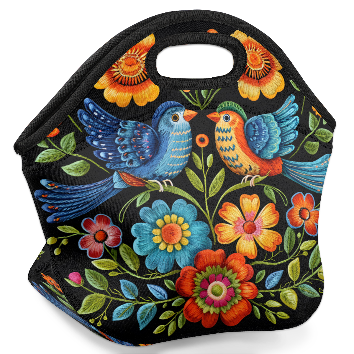 Herdesigns Floral Bird Neoprene Lunch Bag, Vintage Boho Floral Insulated Lunch Box for Women Men Washable Lunch Tote Soft Lunch Container With Zipper for Work Picnic Travel