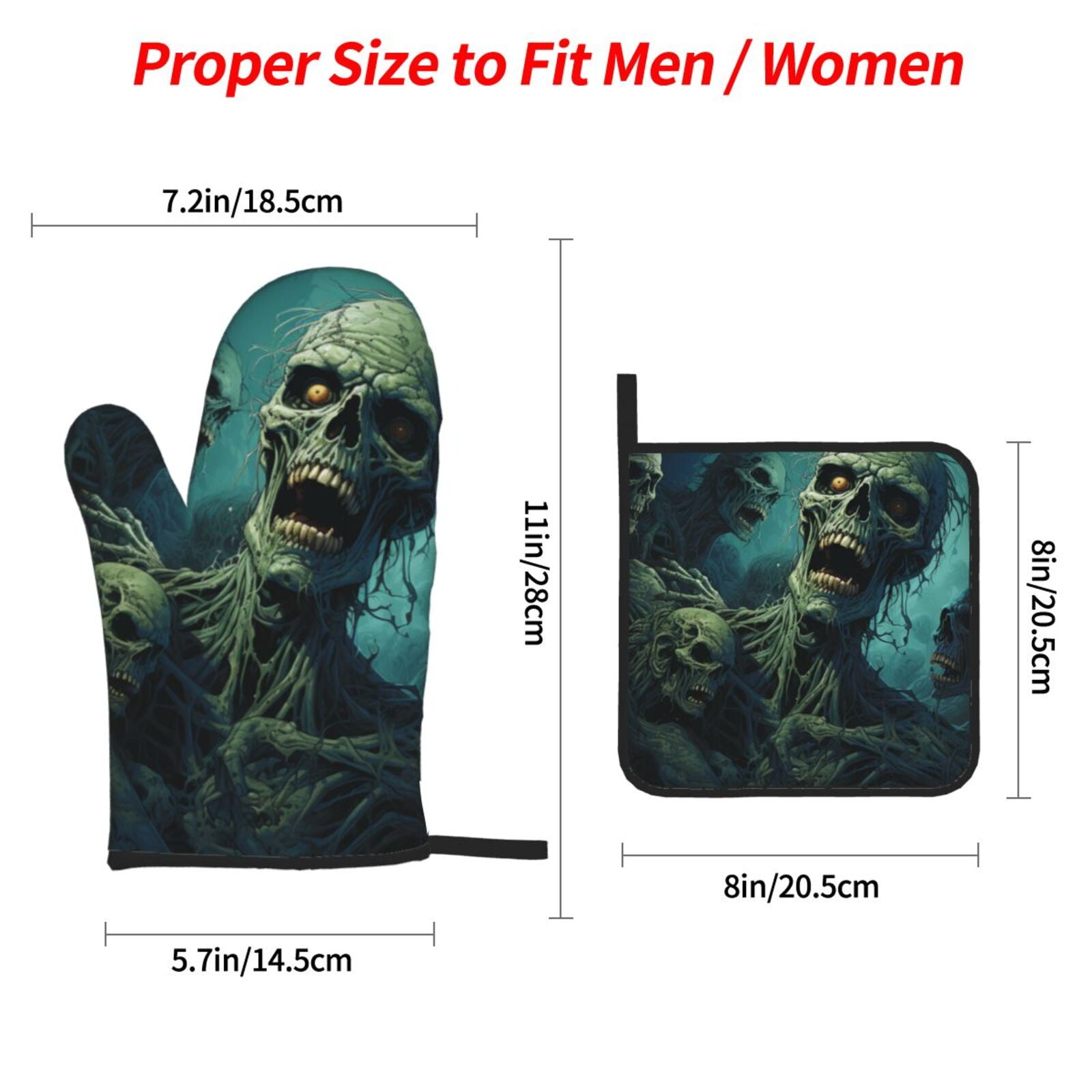 Zombie Skull Art 4Pcs Oven Mitts and Pot Holders Sets Oven Kitchen Gloves Hot Pads for Cooking BBQ Baking Grilling