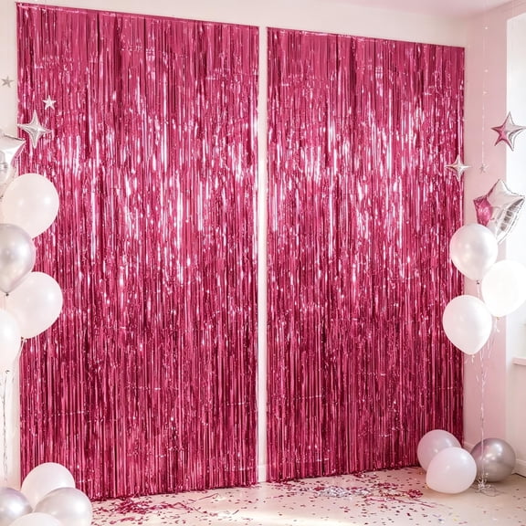 2 Pack Foil Curtain Backdrop Pink Metallic Tinsel Foil Fringe Curtains Photo Booth Props for Birthday Wedding Engagement Baby Shower Bachelorette Christmas Holiday Celebration Party Decorations