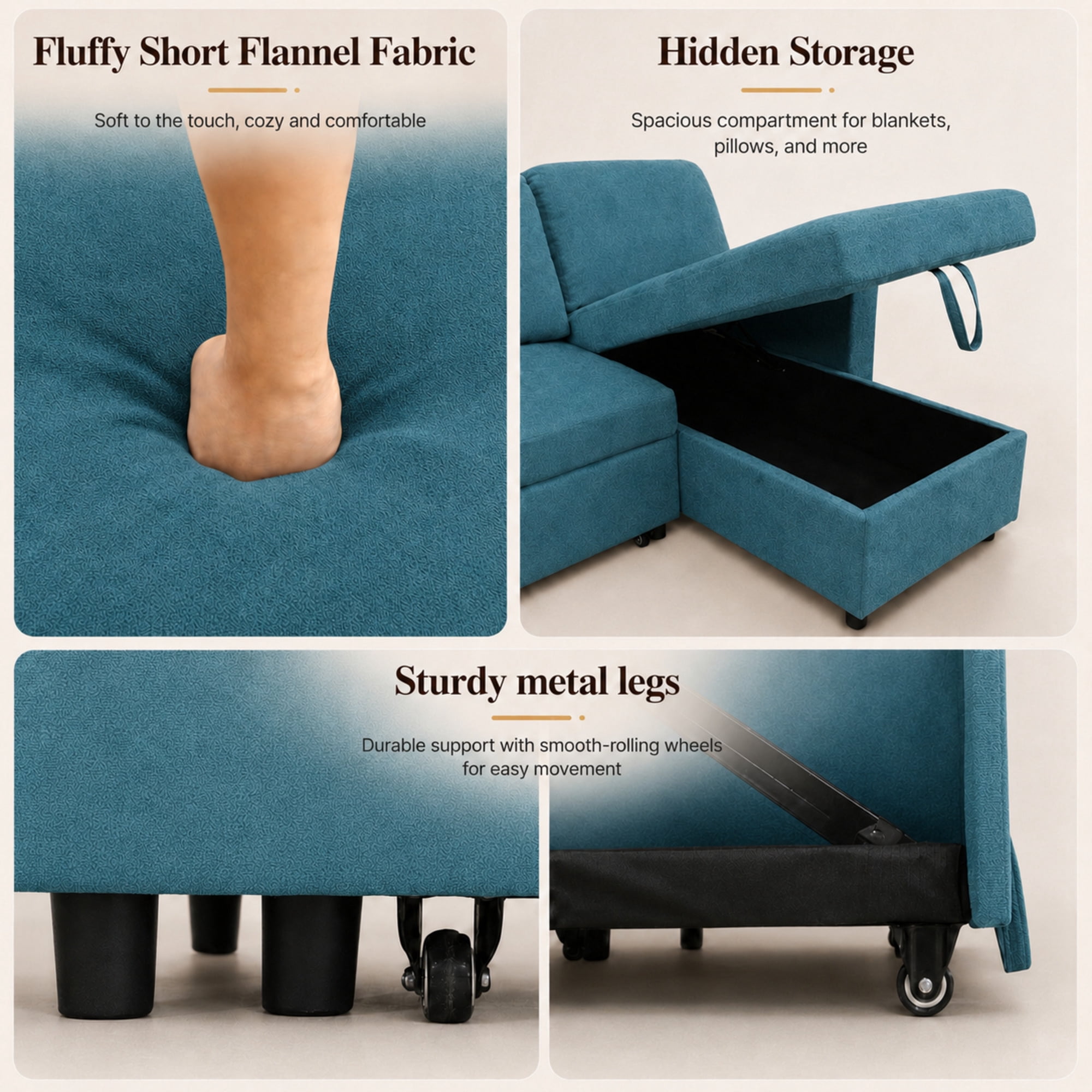 TiramisuBest L-Shaped Convertible Sofa Bed with Reversible & Storage Chaise,84"W Fluffy Flannel Sectional Sleeper for Living Room,Blue