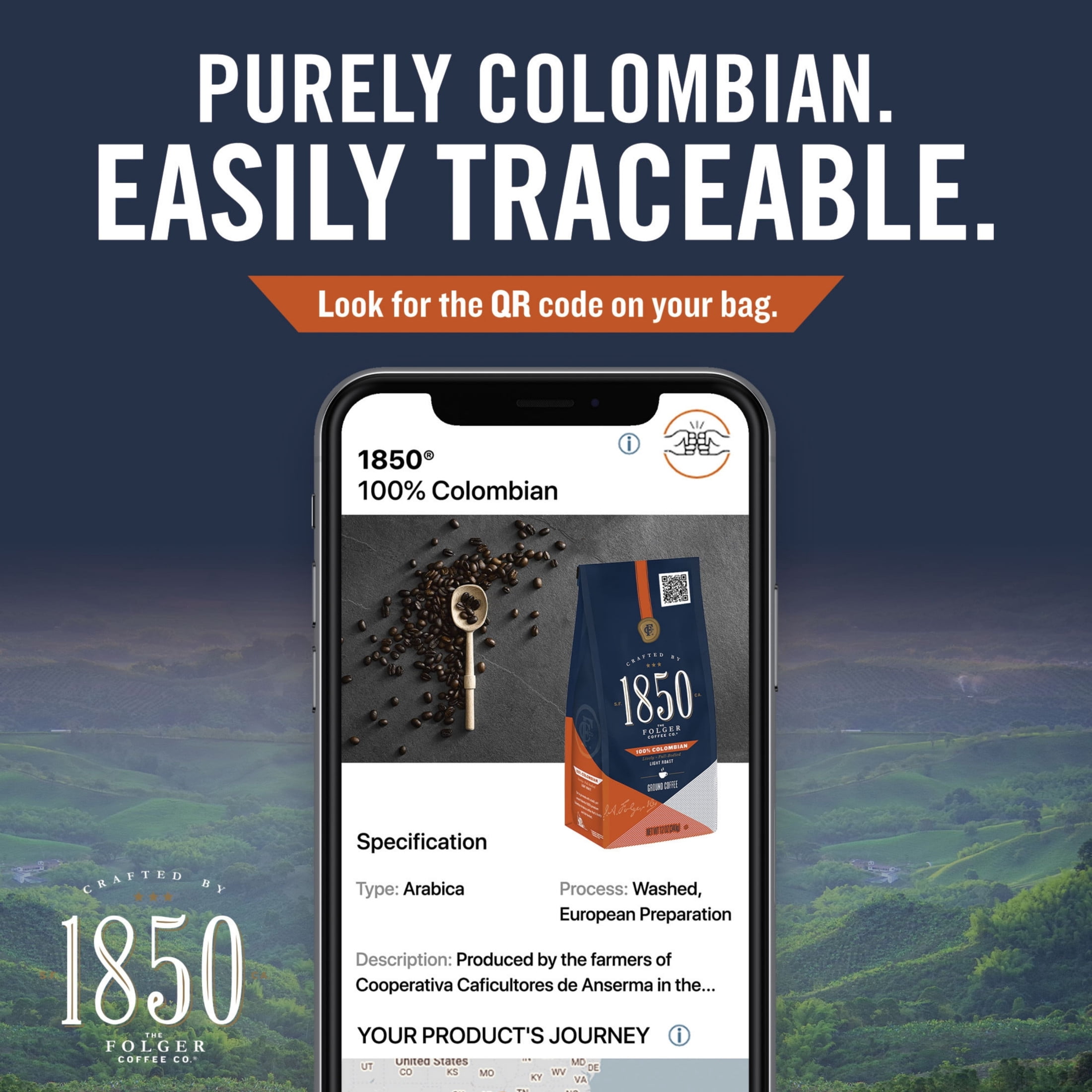 1850 Colombian Ground Coffee, Light Roast, 12 ounce bag