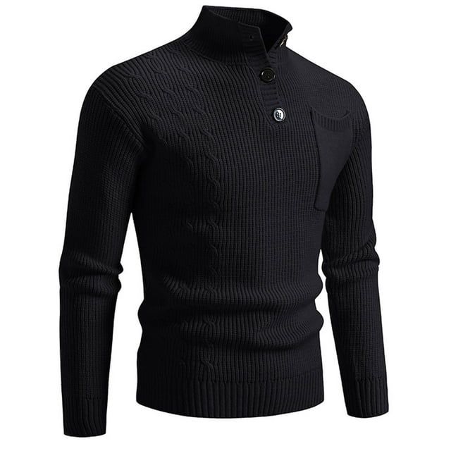 Xfvqtps Sweater Man Solid Color Knitted Button-pocket Half-turtleneck Sweater