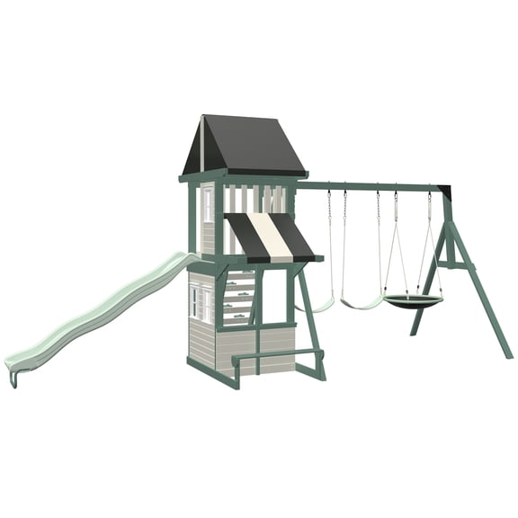 Sportspower Ladera Solar Wooden Swing Set with Clubhouse, Deck Lights, 2 Belt Swings, 2-Person Saucer Swing, 8ft Slide, Climbing Wall, & Bench/Table, FREE Anchors Included