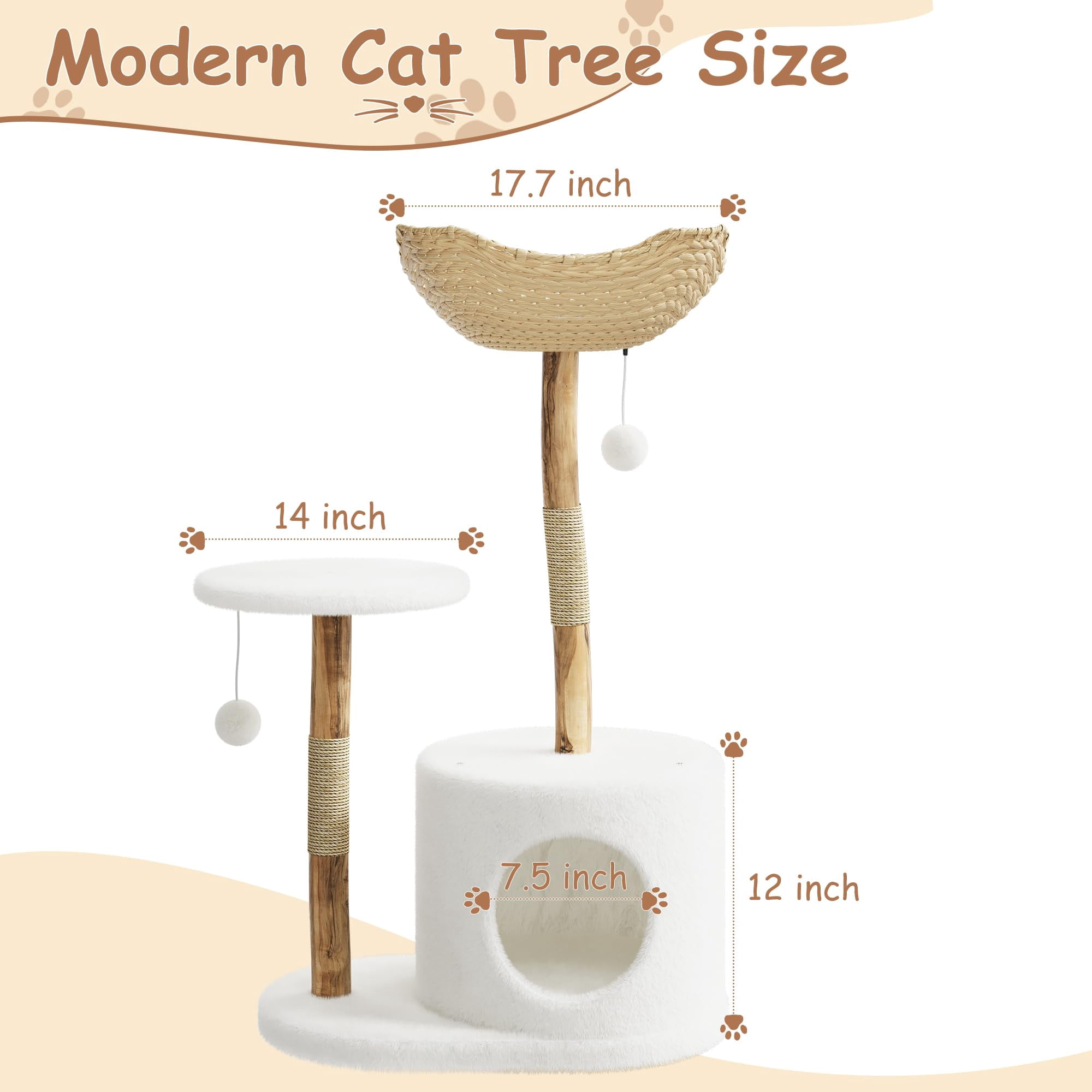 Yeshouse Boho Aesthetic Real Wood Cat Tree, Indoor Cat Tower with Scratching Post, Bed & Wicker Condo for Cats