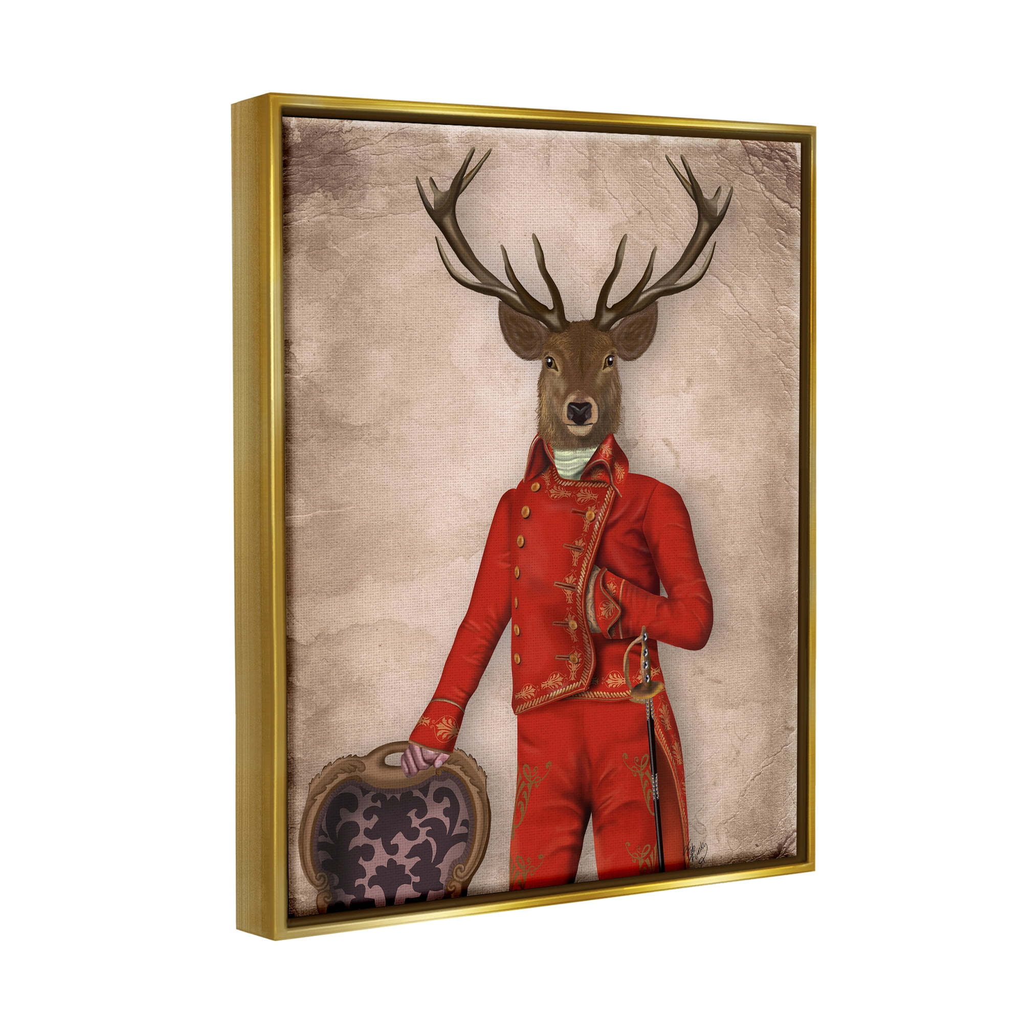 Stupell Industries Fancy Elk in Red Suit Animals & Insects Painting Gold Floater Framed Canvas Art Print Wall Art, 17 x 21