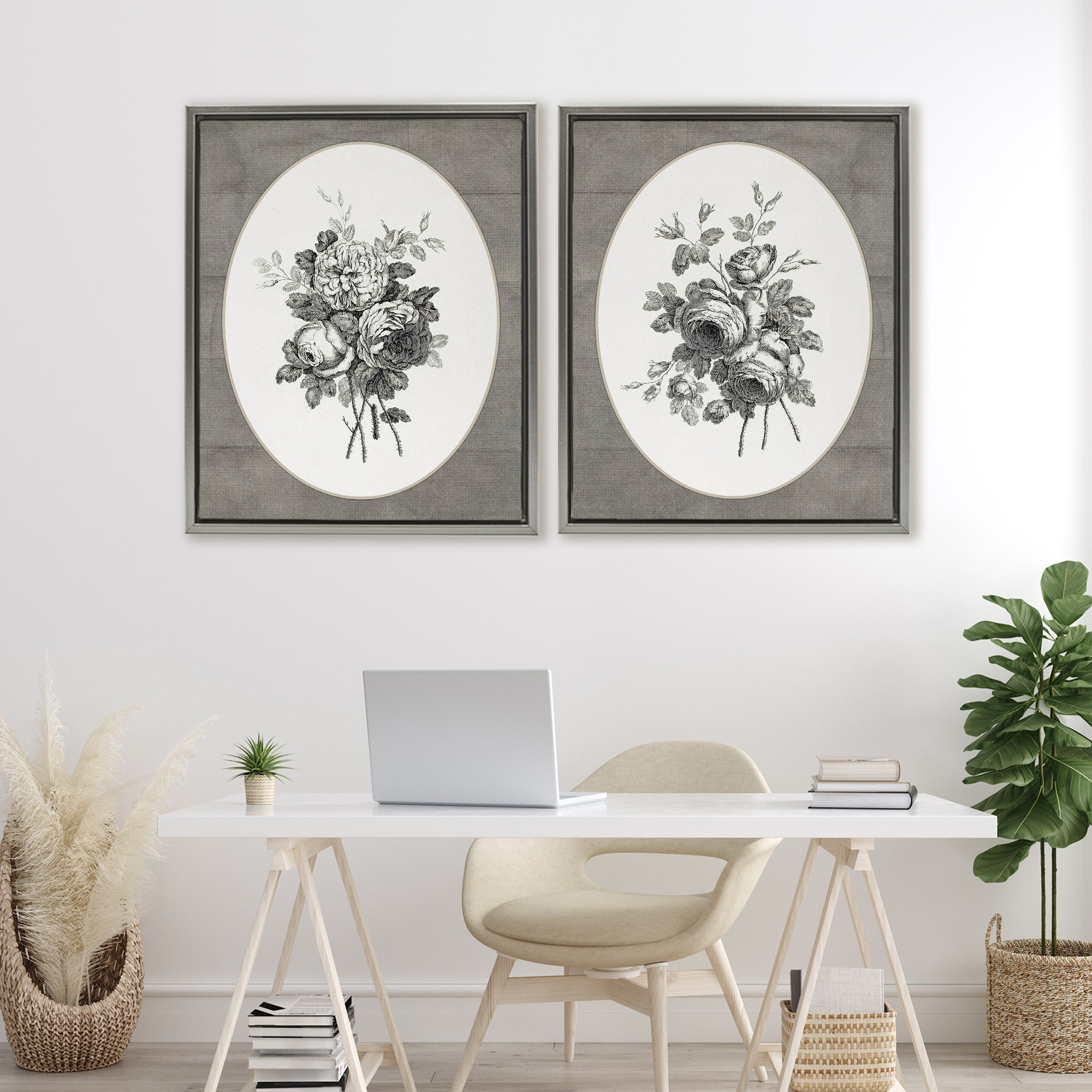 Vintage Petal Bundle Details 2 Piece Gray Framed Floater Canvas Set, design by Lettered and Lined