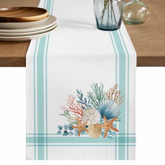 Aqua Coastal Table Runner 60 Inches, Nautical Seashells Coral Leaves Stripes Bed Runner Dresser Scarves Tabletop for Indoor Outdoor Parties/Ceremony/Banquet, 13" x 60"