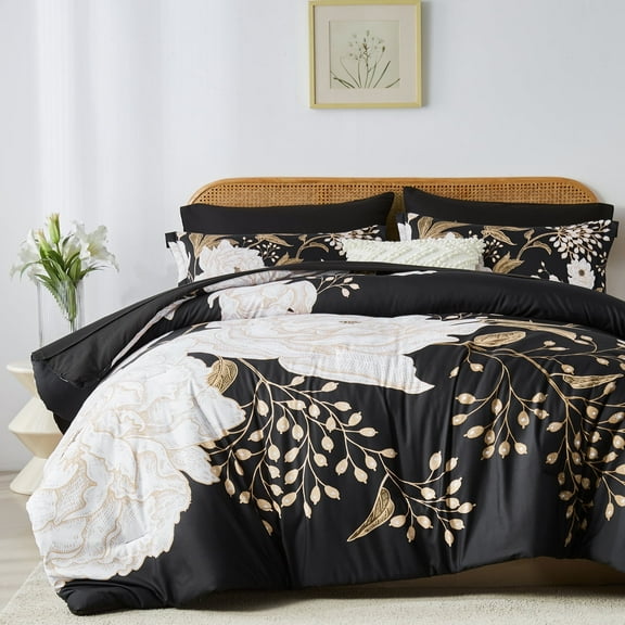 Davulos Bed in a Bag Queen Size 7 Piece Comforter Set Botanical Floral Bedding Set Soft Microfiber Flower Comforter with Sheet Set Reversible for All Season