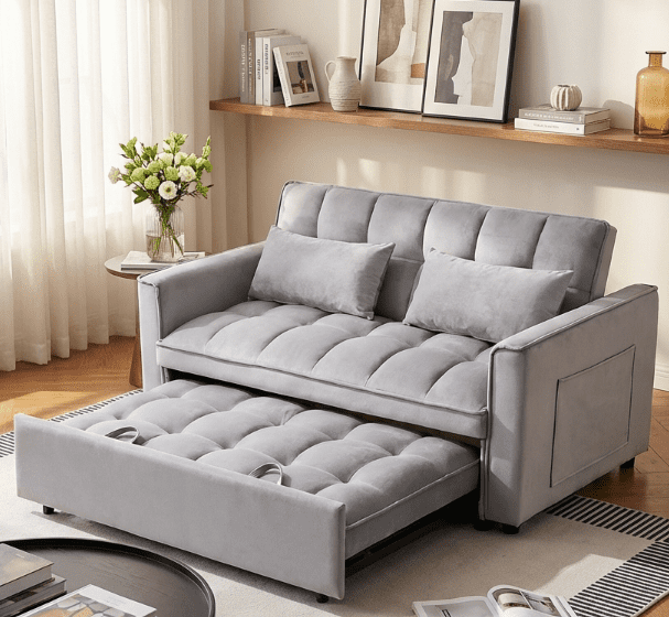 BSHTI 3 in 1 Modern Velvet Loveseat Sofa Bed-3-Position Adjustable Convertible Sleeper, Side Storage Pockets, Square Tufted, Easy Assembly, for Small Space Apartment,Silver Gray