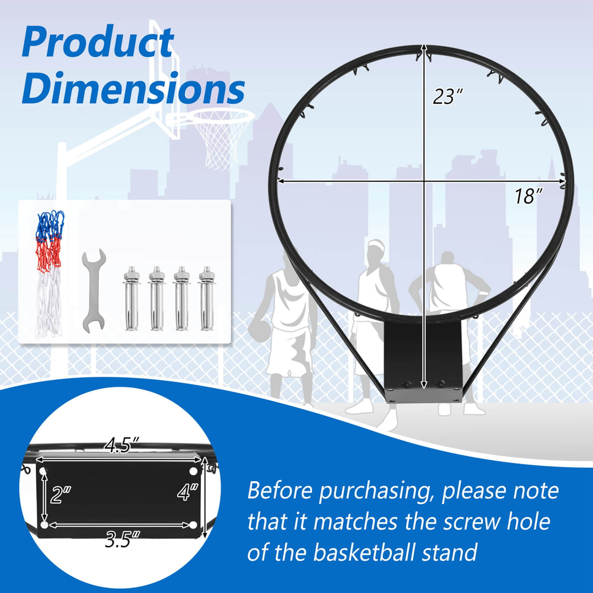 Costway 18" Basketball Rim Wall Door Mounted Basketball Hoop with All Weather Net Black