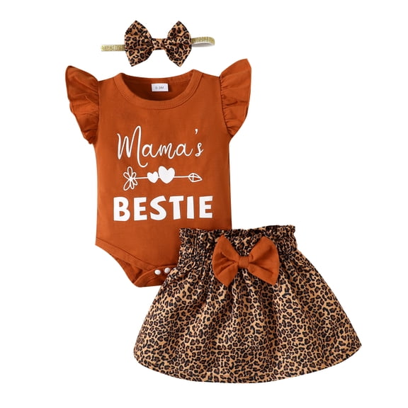 KIMI BEAR Newborn Baby Girls Summer Outfit Sets 0-3 Months Clothes Ruffle Short Sleeves Letter Print Bodysuit Bowknot Leopard Skirt with Headband 3pcs Brown