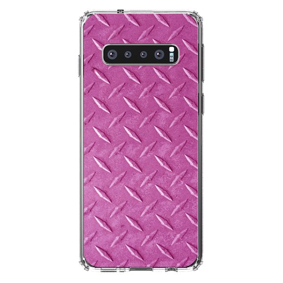 DistinctInk Clear Shockproof Hybrid Case for Samsung Galaxy S10 (6.1" Screen) - TPU Bumper, Acrylic Back, Tempered Glass Screen Protector - Hot Pink Diamond Plate Steel Image - Printed Diamond Plate