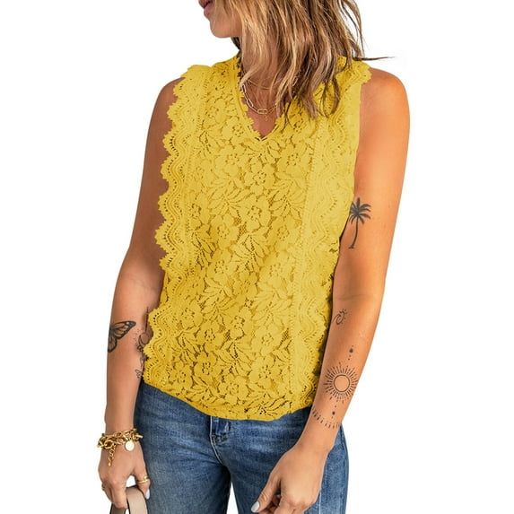 Asyoly Women's Lace V-Neck Blouse Casual Sleeveless Shirt Elegant Tanks Tops