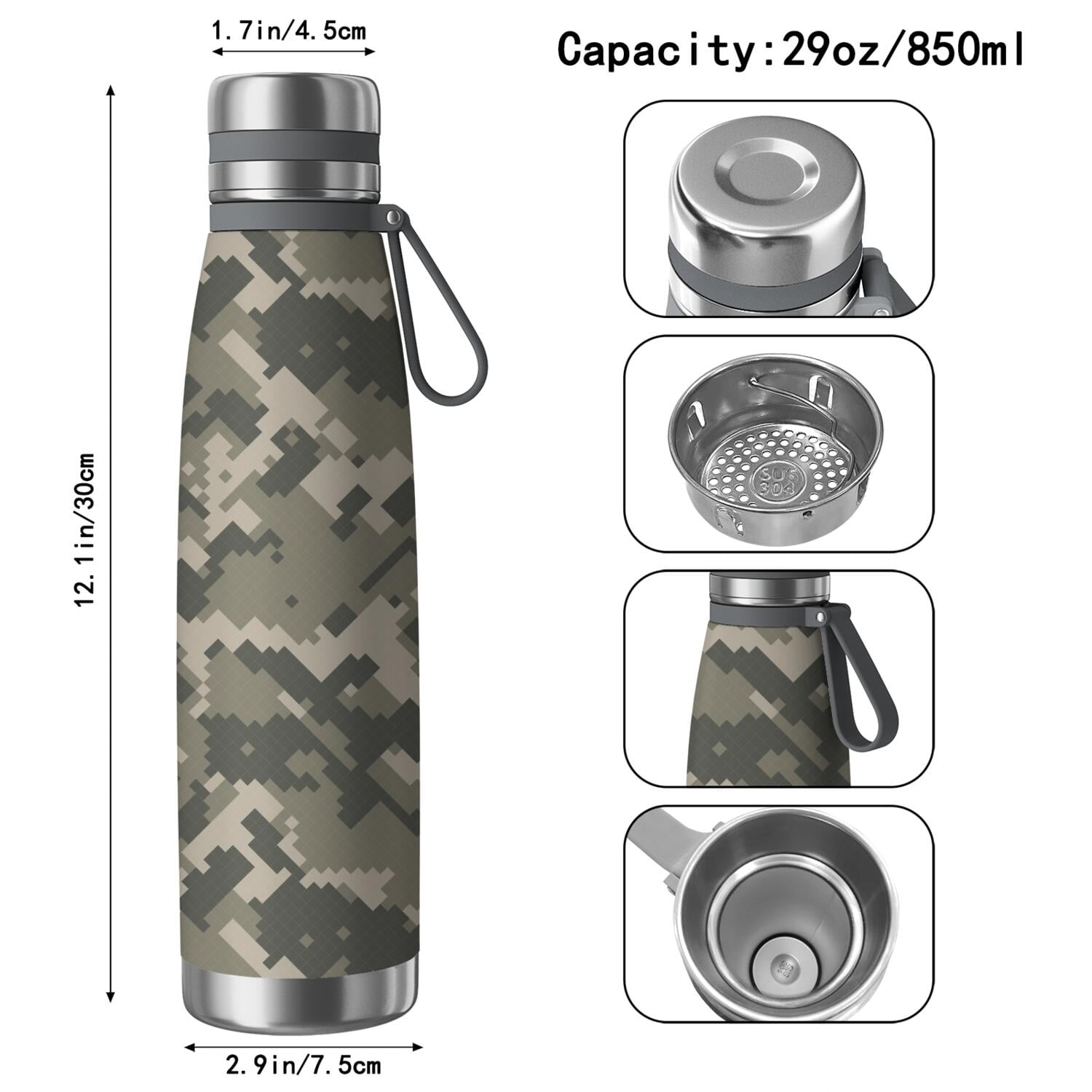 29oz Insulated Water Bottle with Tea Infuser, Stainless Steel Travel Mug, Camouflage Print