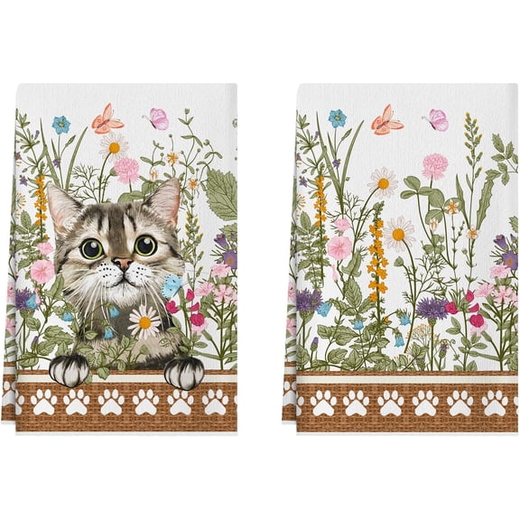 Cat Wildflowers Grass Spring Kitchen Towels Summer Dish Towels 18x26 Inch Home Kitchen Decorations Hand Towels Set of 2 Drying Dishcloth