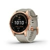 Garmin fenix 7S Solar, Smaller sized adventure smartwatch, with Solar Charging Capabilities, Rugged outdoor watch with GPS, touchscreen, health and wellness features, rose gold with light sand band