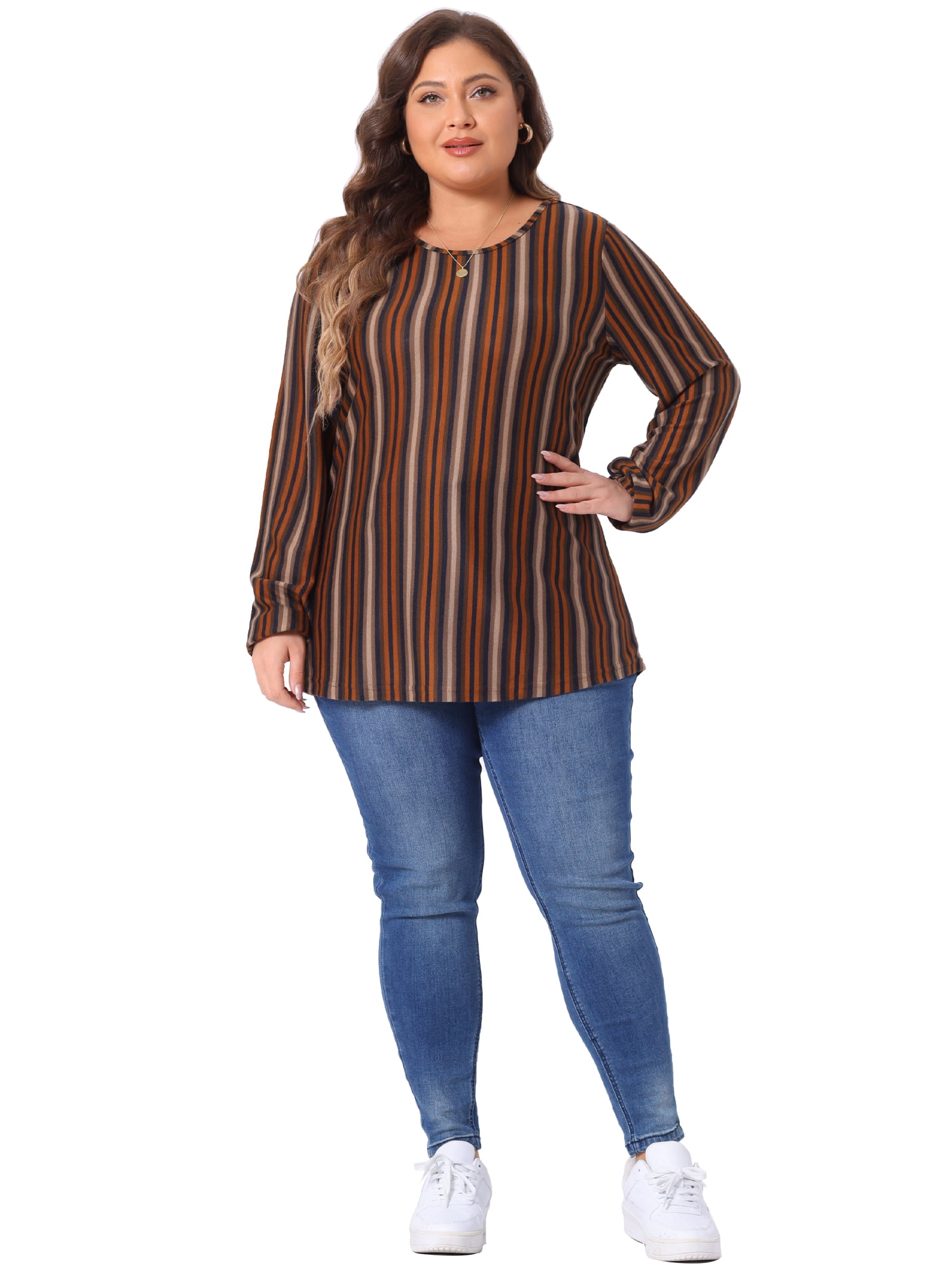 DARING DIVA Women's Plus Boho Color Block Elastic Cuff Long Sleeve Striped Top 3X Orange