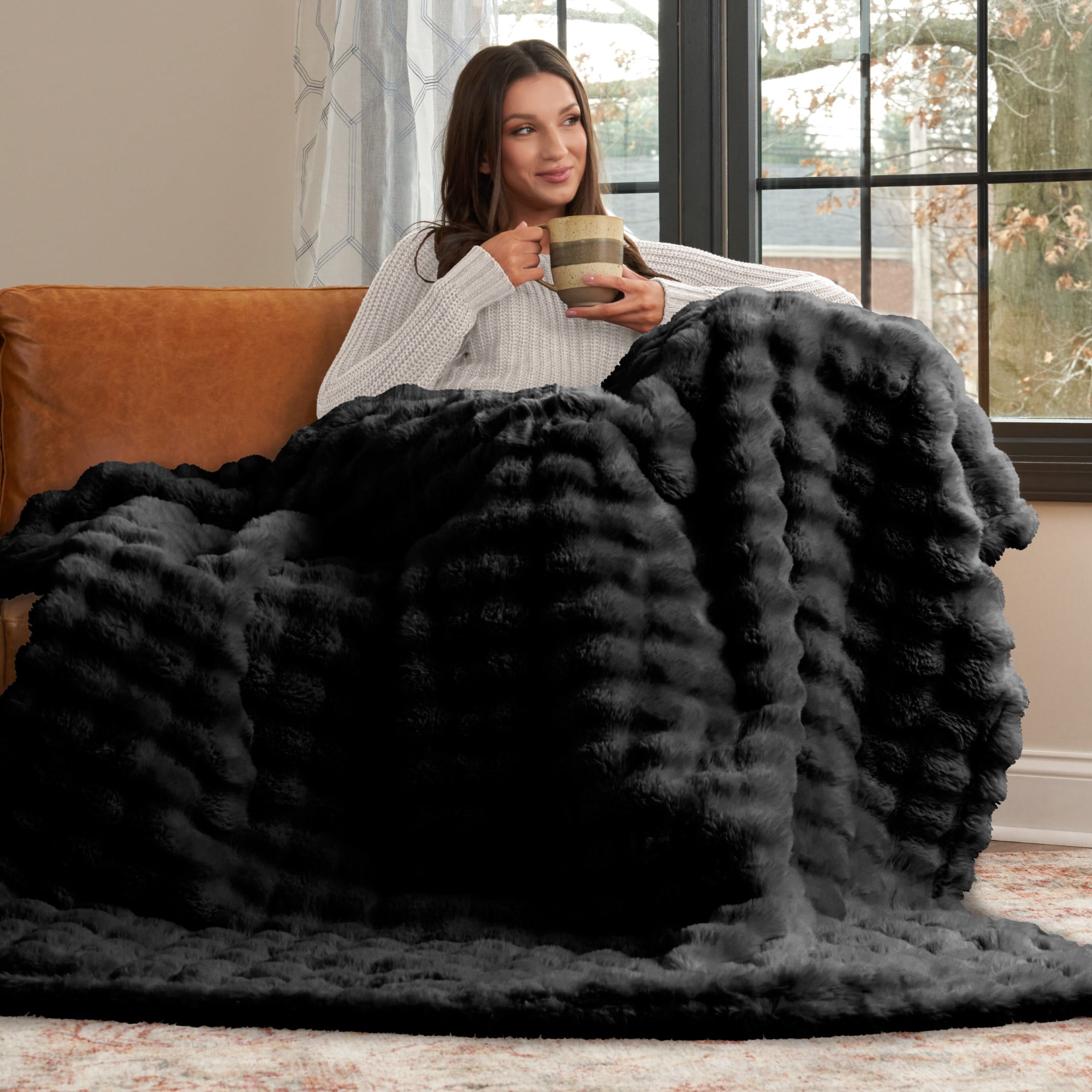 Serenade Textured Faux Fur Throw Blanket Jet Black 50X70 Inches